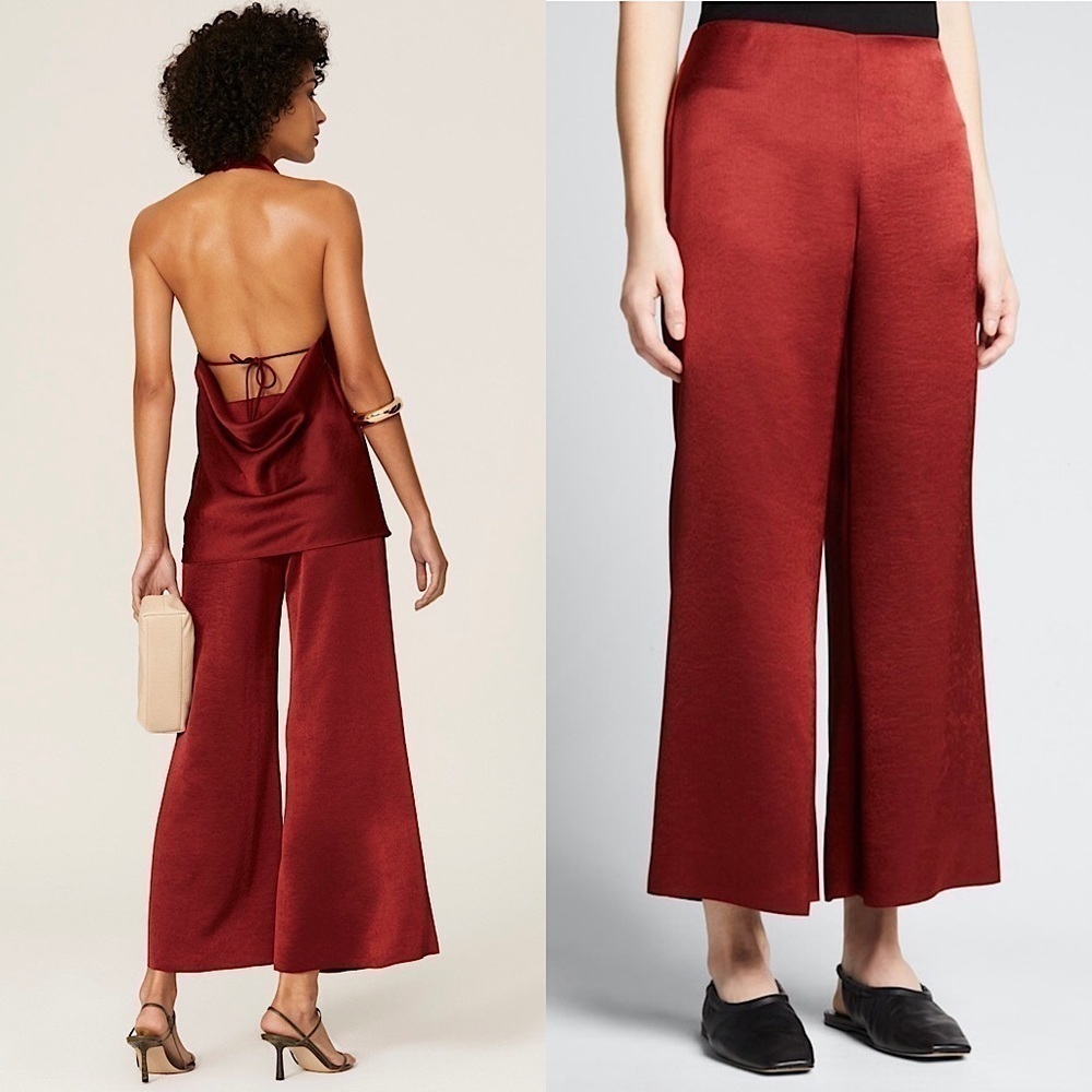 VINCE Crimson‎ Satin High Rise Wide Leg Flowy Flare Trouser Pants 6 - Picture 2 of 9